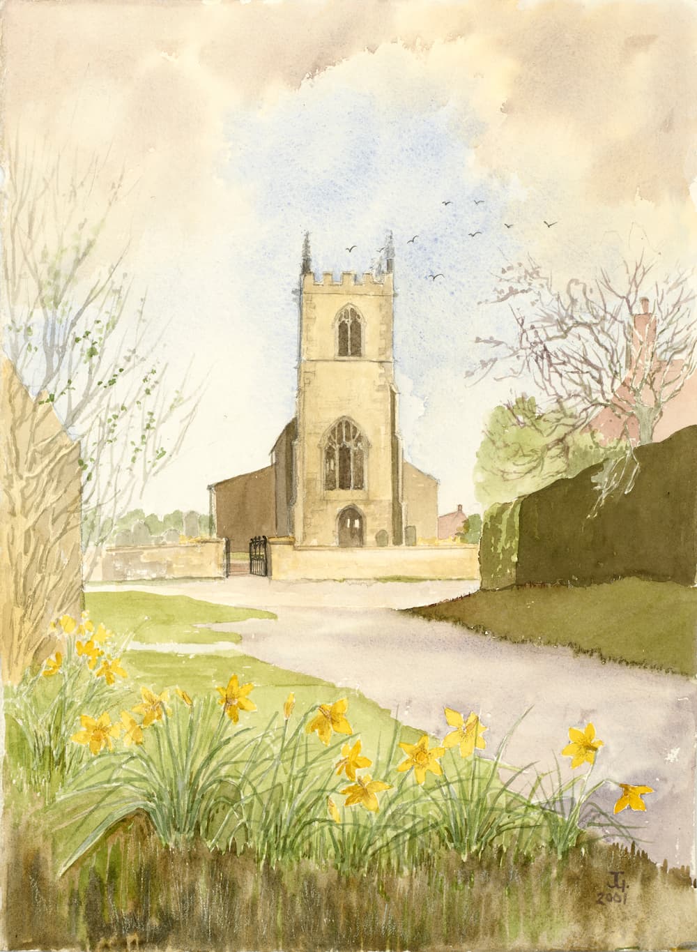 Watercolour painting of a Lincolnshire church in Spring with daffodils in the foreground